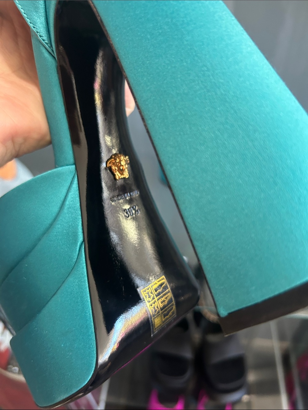 Versace Teal Platform Satin Heels with Jeweled Ankle Strap - Picture 3 of 6